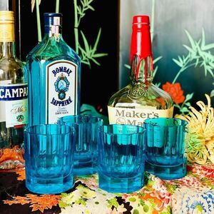 ♥️ S Marcen MCM Teal Blue Faceted Heavy Whiskey Lowball 4 Glasses RARE